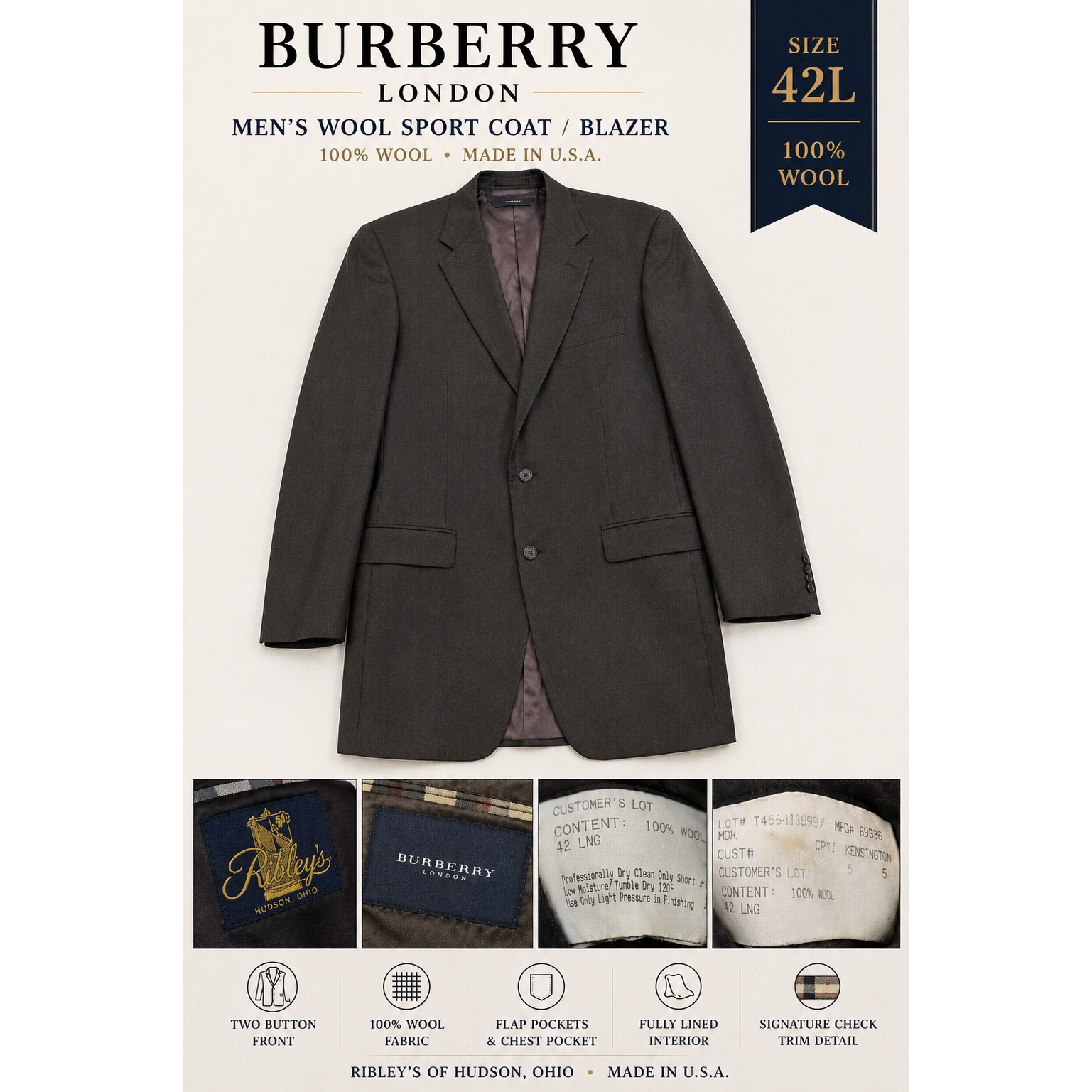 Vintage Burberry London Mens 42 Long 100% Wool Blazer Sport Coat Textured Flaw